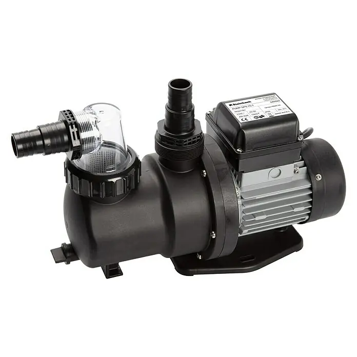 Steinbach Filterpumpe SPS 75-1 - 450 W, Passend für Poolgröße: 33.000 l - Das Bild zeigt eine schwarze Steinbach-Pumpe SPS 75-1, die für Schwimmbäder und Teiche geeignet ist.