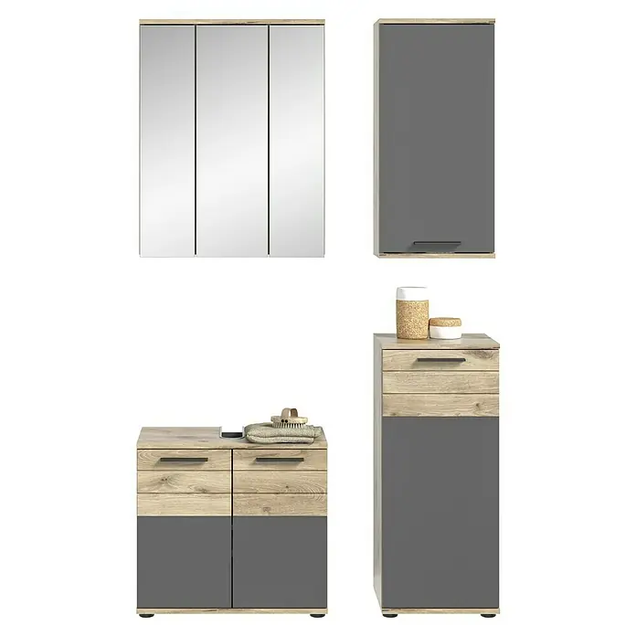 xonox.home Mason Badmöbel-Set Mason - 4 -tlg., Gesamtbreite Badmöbel: 112 cm, Nox Oak/Basalt Grau, Matt - Badezimmermöbel-Set in Holz- und Grautönen: Spiegelschrank, Hängeschrank und zwei Unterschränke für ein stilvolles Bad.