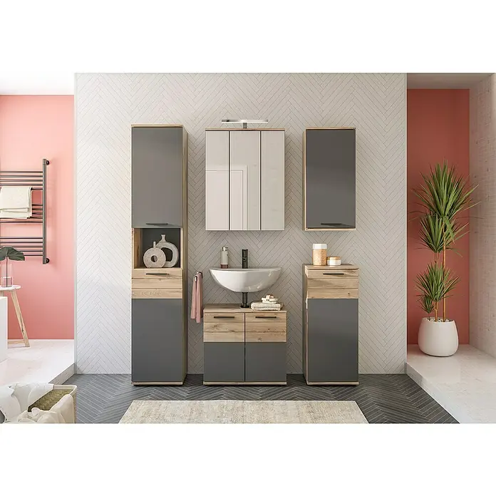 xonox.home Mason Badmöbel-Set Mason - 5 -tlg., Gesamtbreite Badmöbel: 164 cm, Nox Oak/Basalt Grau, Matt, Mit Beleuchtung - Badezimmer mit modernen grauen und holzfarbenen Möbeln, inklusive Waschbeckenunterschrank, Hochschränke und Spiegelschrank für ein stilvolles Ambiente.