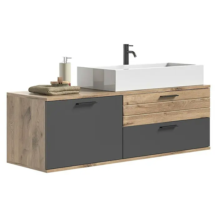 xonox.home Mason Badmöbel-Set Mason - 2 -tlg., Gesamtbreite Badmöbel: 140 cm, Nox Oak/Basalt Grau, Matt - Ein moderner Waschtisch mit rechteckigem Aufsatzwaschbecken und stilvoller Farbkombination für ein elegantes Badezimmerdesign.