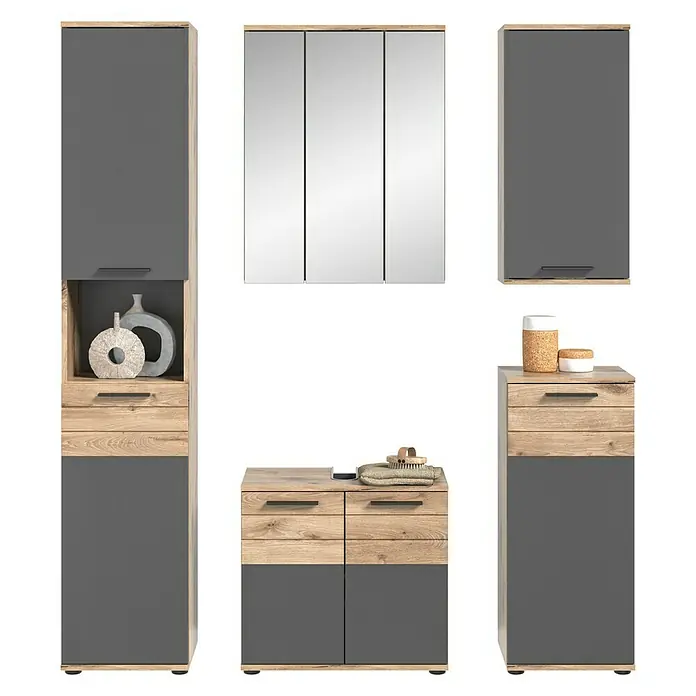 xonox.home Mason Badmöbel-Set Mason - 5 -tlg., Gesamtbreite Badmöbel: 164 cm, Nox Oak/Basalt Grau, Matt, Ohne Beleuchtung - Moderne Badmöbel-Kombination in Grau und Holzoptik mit Spiegelschrank, Hochschrank und Unterschrank für ein stilvolles Badezimmer.
