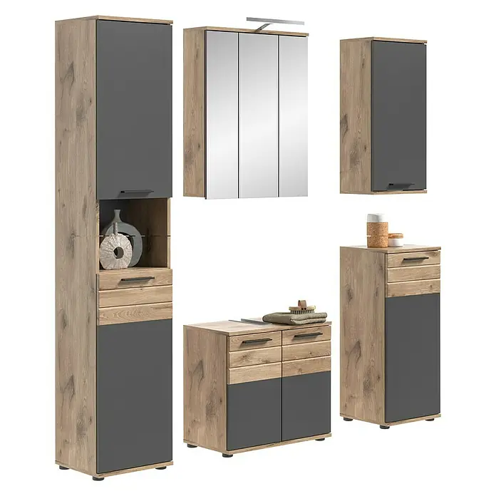 xonox.home Mason Badmöbel-Set Mason - 5 -tlg., Gesamtbreite Badmöbel: 164 cm, Nox Oak/Basalt Grau, Matt, Mit Beleuchtung - Modernes Badezimmermöbel-Set in Holz- und Anthrazittönen mit Spiegel, Schränken und Kommode für stilvolle Badezimmergestaltung.