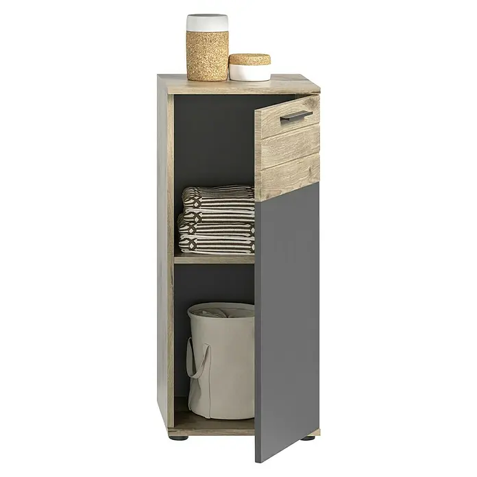 xonox.home Mason Unterschrank Mason - 37 x 34 x 87 cm, Nox Oak/Basalt Grau - Das graue Badmöbel mit Holzelementen bietet praktischen Stauraum für Badutensilien und Handtücher. Die Ablagefläche ist mit dekorativen Behältern bestückt.