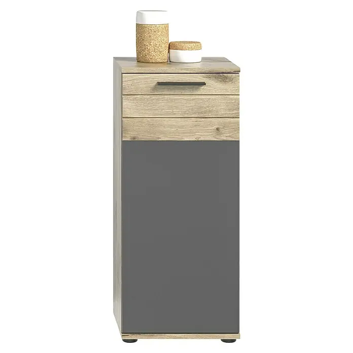 xonox.home Mason Unterschrank Mason - 37 x 34 x 87 cm, Nox Oak/Basalt Grau - Elegantes Sideboard in Grau und Holzoptik mit zwei dekorativen Vorratsdosen auf der Oberfläche. Praktisch und stilvoll.