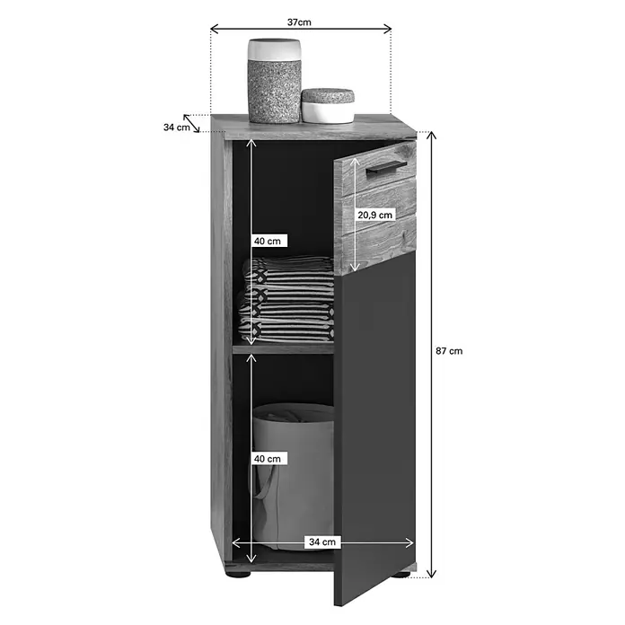 xonox.home Mason Unterschrank Mason - 37 x 34 x 87 cm, Nox Oak/Basalt Grau - Produktansicht des stilvollen grauen Aktenschranks mit offener Tür zur Aufbewahrung von Dokumenten, Bücher und anderen Büromaterialien.