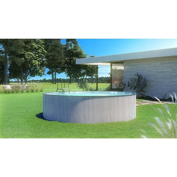 Steinbach Stahlwand-Pool New Splasher SecureØ x H: 350 x 90 cm, Grau/Grau, 7.800 l - Bild eines runden Frame-Pools im Garten mit klarem Wasser. Das Becken ist umgeben von Rasen und Bäumen und hat eine Leiter zum Einstieg.