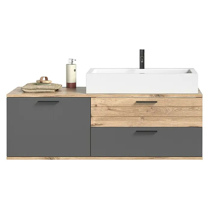 xonox.home Mason Badmöbel-Set Mason - 2 -tlg., Gesamtbreite Badmöbel: 140 cm, Nox Oak/Basalt Grau, Matt - Modernes Waschbecken mit Unterschrank in Holz- und Grautönen. Inklusive Armatur, Seifenspender und Handtuch. Stilvolles Design für jedes Badezimmer.