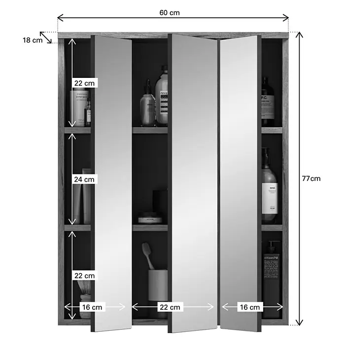 xonox.home Mason Spiegelschrank Mason - B x H: 60 x 77 cm, Mit Beleuchtung - Bild einer Badezimmer-Spiegelschrank mit drei Türen und Regalen, die diverse Badutensilien enthalten. Die Maße des Schranks sind angegeben.