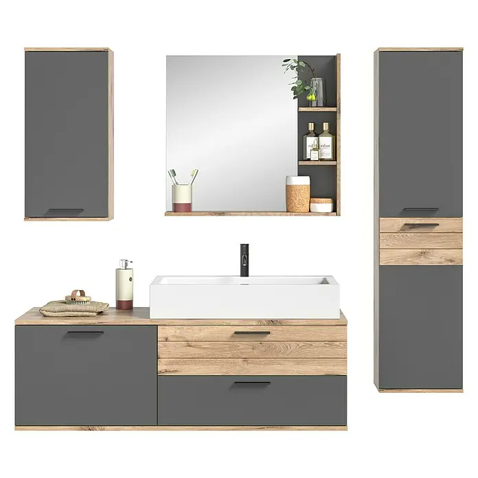 xonox.home Mason Badmöbel-Set Mason - Gesamtbreite Badmöbel: 192 cm, Nox Oak/Basalt Grau, Matt - Badezimmermöbel-Set in Grau und Holzoptik mit Waschbecken, Spiegel und Schränken für ein modernes Ambiente im Badezimmer.