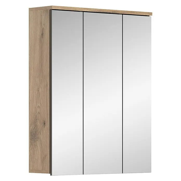 xonox.home Mason Spiegelschrank Mason - B x H: 60 x 77 cm, Mit Beleuchtung - Spiegelschrank mit drei Türen und Holzrahmen für Badezimmer oder Gäste-WC zur Aufbewahrung von Badutensilien.