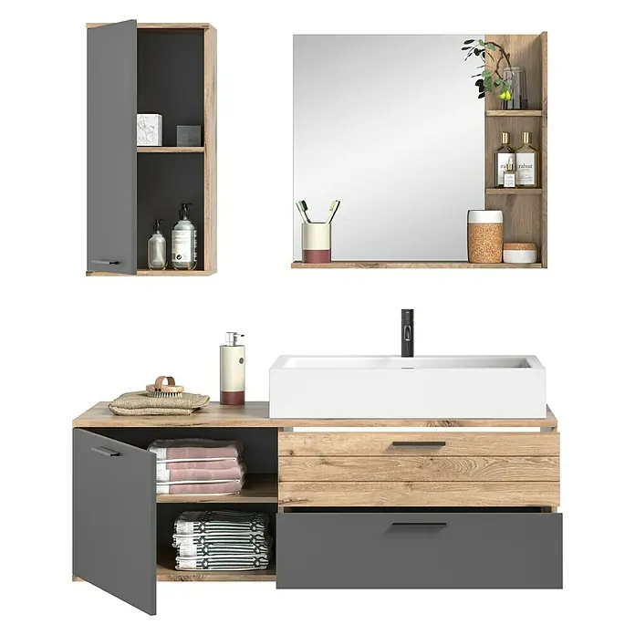 xonox.home Mason Badmöbel-Set Mason - 4 -tlg., Gesamtbreite Badmöbel: 140 cm, Nox Oak/Basalt Grau, Matt - Ein modernes Badezimmerset mit Waschtischunterschrank, Waschbecken, Spiegelschrank und Hängeschrank in Holz und Grau.
