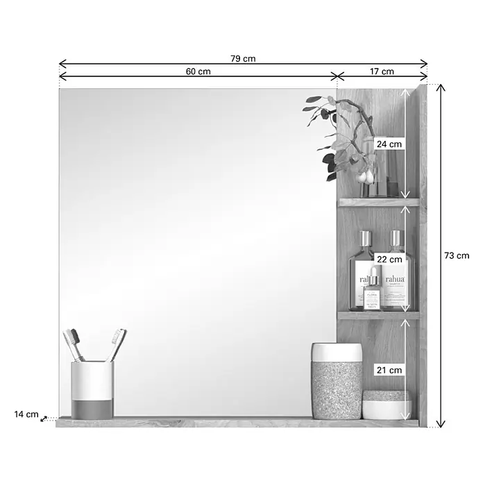 xonox.home Mason Ablagespiegel Mason - 79 x 73 cm, Nox Oak - Nahaufnahme eines stilvollen Badezimmerspiegels mit Ablageflächen, ideal zur Aufbewahrung von Badutensilien und Dekorationen.