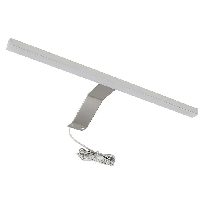 xonox.home LED-Spiegelleuchte -  - Bild einer modernen, weißen LED-Lampe mit einem silbernen Metallarm und einem weißen Kabel auf schwarzem Hintergrund.