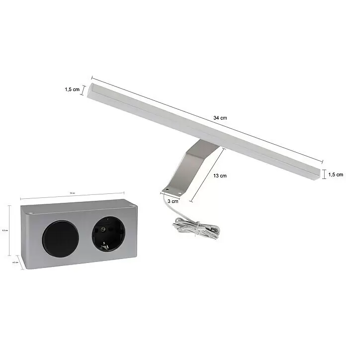xonox.home LED-Spiegelleuchte -  - Silberne LED-Lichtleiste mit Halterung und separate silberne Steckdosenleiste mit Schalter und Steckdose.