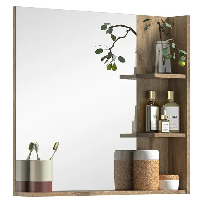 xonox.home Mason Ablagespiegel Mason - 79 x 73 cm, Nox Oak - Modernes Badezimmer mit Spiegelschrank und Holzregalen. Dekorative Elemente und Pflegeprodukte.