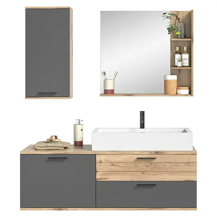 xonox.home Mason Badmöbel-Set Mason - 4 -tlg., Gesamtbreite Badmöbel: 140 cm, Nox Oak/Basalt Grau, Matt - Ein modernes Badezimmer-Set mit einem grauen Waschtischunterschrank, einem Waschbecken und einem Spiegelschrank mit Ablageflächen.