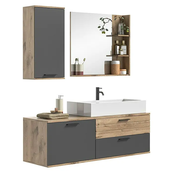 xonox.home Mason Badmöbel-Set Mason - 4 -tlg., Gesamtbreite Badmöbel: 140 cm, Nox Oak/Basalt Grau, Matt - Modernes Badezimmer-Set mit Waschtischunterschrank, Aufsatzwaschbecken, Spiegelschrank und Hängeschrank in Holz- und Anthrazitoptik.