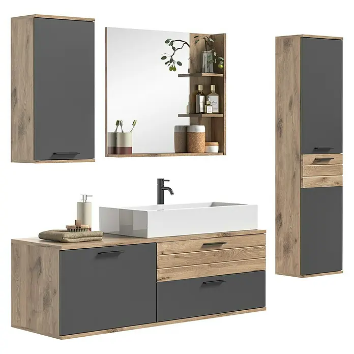 xonox.home Mason Badmöbel-Set Mason - Gesamtbreite Badmöbel: 192 cm, Nox Oak/Basalt Grau, Matt - Das moderne Badezimmermöbel-Set in Holzoptik mit grauem Waschbeckenunterschrank, Spiegelschrank und Hochschrank bietet viel Stauraum.