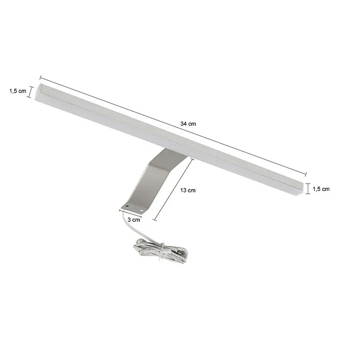 xonox.home LED-Spiegelleuchte -  - Produktansicht des LED-Bildbeleuchters in Silber mit den Maßangaben: 34 x 1,5 x 1,5 cm, Halterung 13 x 3 cm.