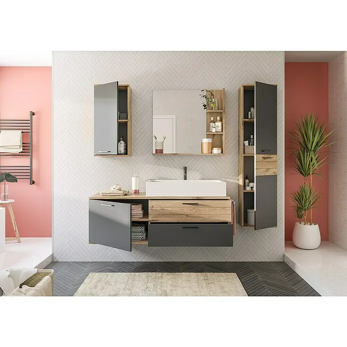 xonox.home Mason Badmöbel-Set Mason - Gesamtbreite Badmöbel: 192 cm, Nox Oak/Basalt Grau, Matt - Modernes Badezimmer-Interieur mit Waschtischunterschrank, Spiegelschrank und Hochschrank in Holz- und Grautönen. Elegantes Design für Ihr Bad.