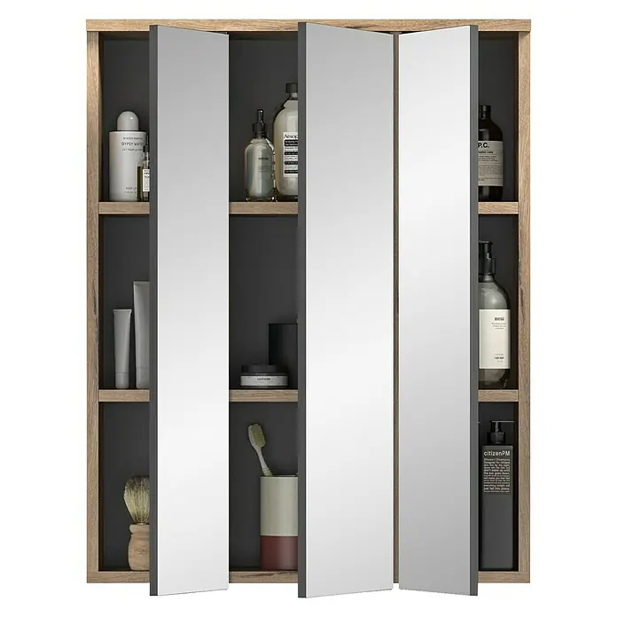xonox.home Mason Spiegelschrank Mason - B x H: 60 x 77 cm, Mit Beleuchtung - Ein Badezimmerschrank mit Spiegeln und verschiedenen Pflegeprodukten auf den Regalen.