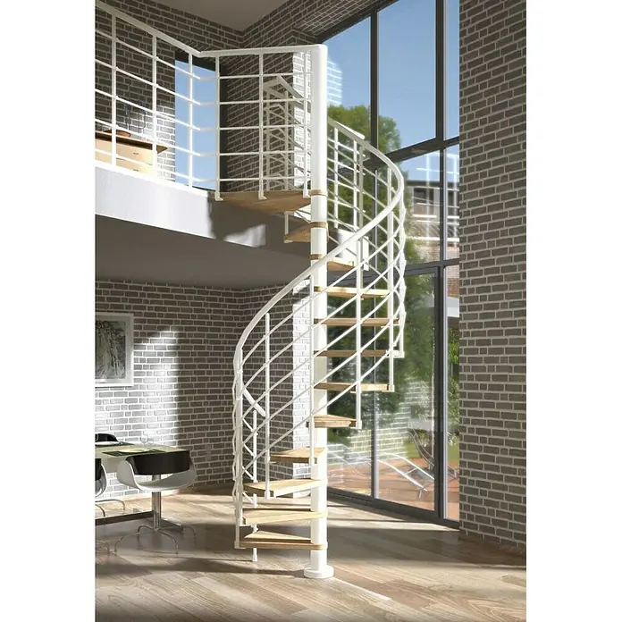 Dolle Spindeltreppe Oslo - Durchmesser: 120 cm, Weiß, Farbe Stufen: Eiche Natur, Geschosshöhe: 252 cm - 276 cm - Elegante Wendeltreppe mit weißen Geländern und Holzstufen, die ein modernes und stilvolles Ambiente schafft. Die Treppe fügt sich nahtlos in den Raum ein.