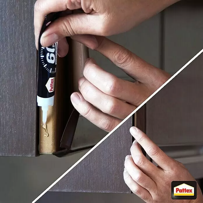 Pattex Alleskleber 60 sec. - 20 g, Gelartig, Gebrauchsfertig - Hände tragen Pattex-Kleber aus einer schwarzen Tube auf, um eine Holzkante wieder anzukleben, und drücken sie dann fest.