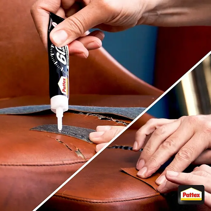 Pattex Alleskleber 60 sec. - 20 g, Gelartig, Gebrauchsfertig - Nahaufnahme der Reparatur eines braunen Ledersessels mit Pattex Alleskleber 60 Sekunden. Ideal für schnelle Reparaturen!