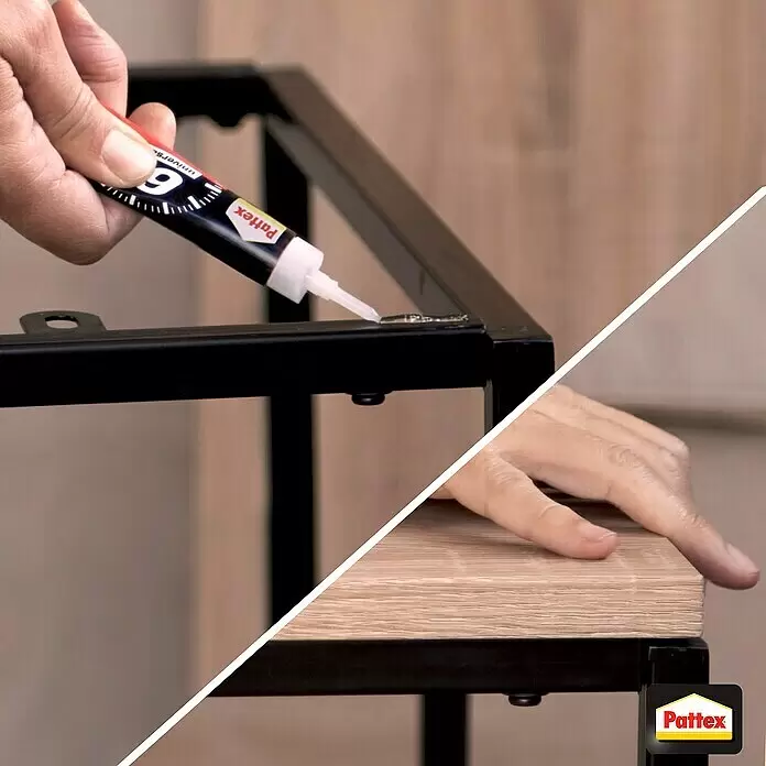 Pattex Alleskleber 60 sec. - 20 g, Gelartig, Gebrauchsfertig - Hand trägt Pattex Kleber auf Metallrahmen auf, um Holz zu befestigen. Pattex-Logo.