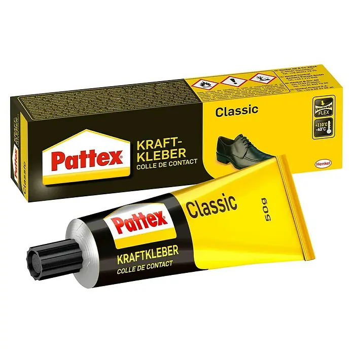 Pattex Kontakt Kraftkleber Classic - 50 g, Tube - Das Bild zeigt eine Tube Pattex Classic Kraftkleber sowie die zugehörige Verpackung.