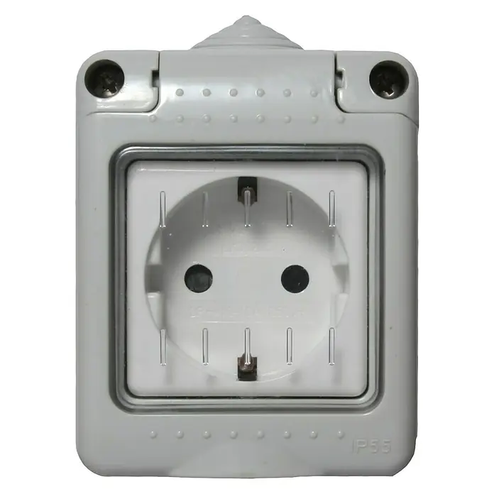Fontini BF-19 Enchufe para estancias con humedad - Gris, x 1, Alineación de los mecanismos: Horizontal, Montaje en la pared, IP55 - Un enchufe eléctrico para exteriores gris impermeable IP55 con una cubierta con bisagras para protección contra la humedad y el polvo.