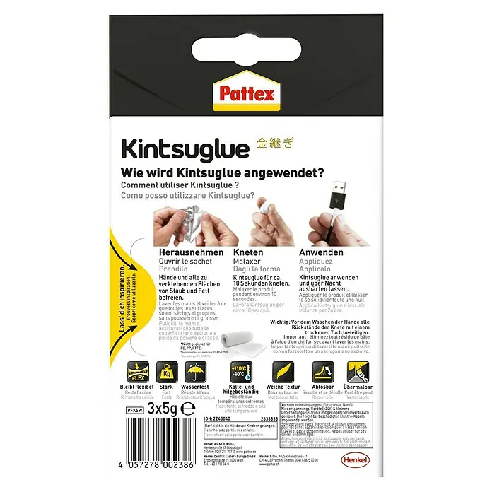 Pattex Knetmasse Kintsuglue - Weiß, 5 g - Pattex Kintsuglue Reparaturmasse: Flexibel, stark, wasserfest & hitzebeständig. Ideal zur Reparatur von Elektrogeräten & kleinen Gegenständen.
