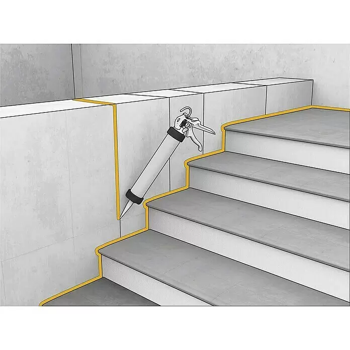 Sika Kleb- & Dichtstoff Sikaflex 11 FC - Weiß, 300 ml - Kartuschenpistole trägt gelbes Dichtmittel auf Fliesenverbindungen an Treppe und Wand auf.