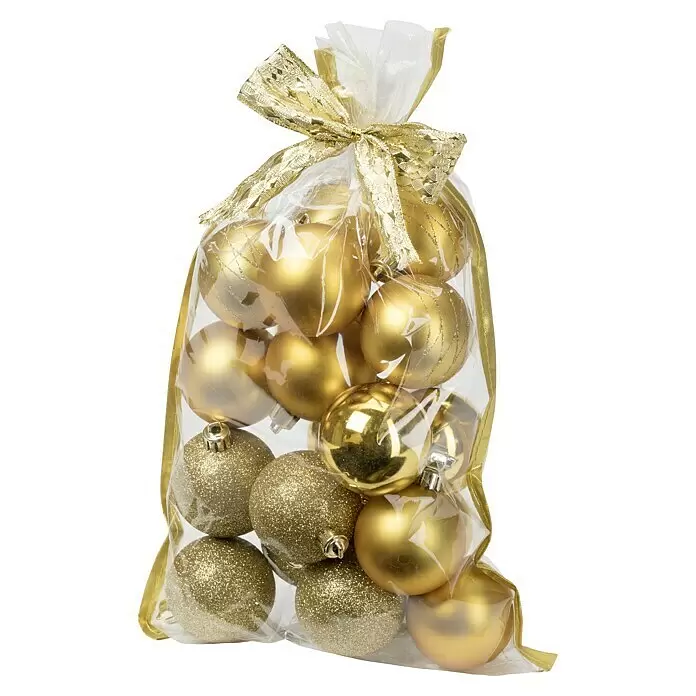 Weihnachtskugeln im Geschenkbeutel - Gold, Kunststoff, Durchmesser: 6 cm, 20 Stk. - Eine Klarsichttüte gefüllt mit verschiedenen goldenen Weihnachtskugeln, mit Goldschleife gebunden.