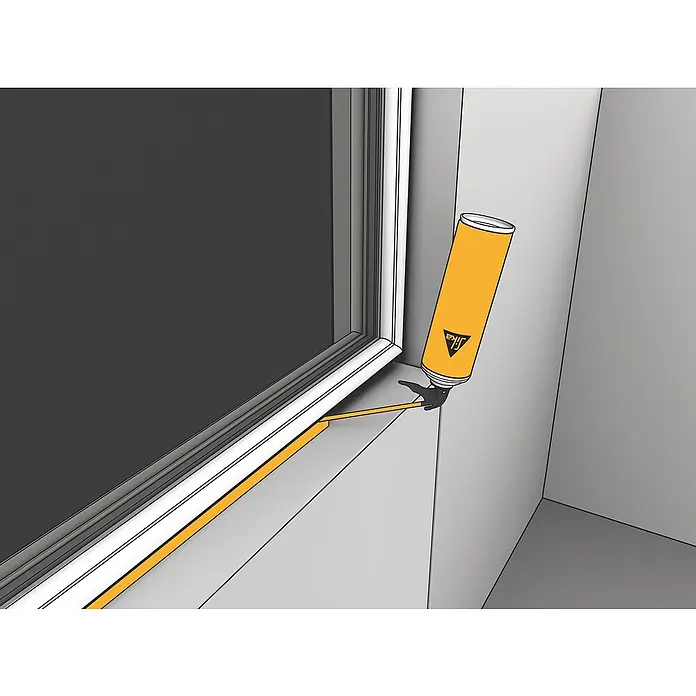 Sika Bauschaum 1-K PU - 300 ml - Die Abbildung zeigt die Anwendung von Sika Dichtstoff zur Abdichtung eines Fensters. Der gelbe Dichtstoff sorgt für eine luftdichte und wasserfeste Versiegelung.
