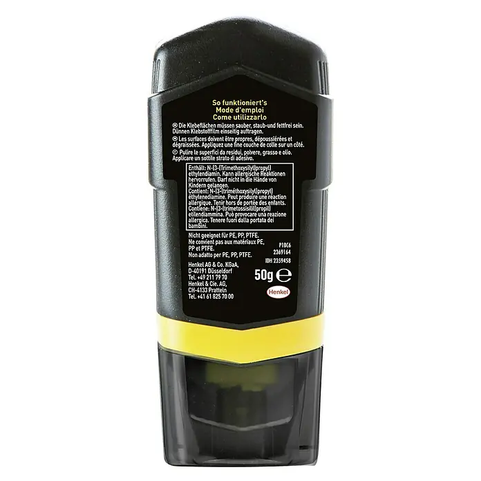 Pattex 100% Repair Alleskleber - 50 g, Flüssig, Lösemittelfrei - Produktetikett eines Henkel-Klebestifts mit Anweisungen und Inhaltsstoffen, ideal für präzises Kleben im Alltag und Büro.
