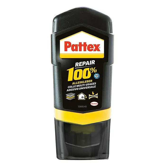 Pattex 100% Repair Alleskleber - 50 g, Flüssig, Lösemittelfrei - Das Bild zeigt eine Tube Pattex 100% Repair Alleskleber, ein vielseitiges Universal-Klebstoffprodukt von Henkel für Reparaturen.