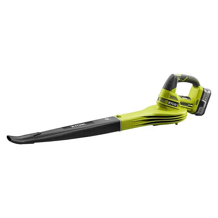 Ryobi ONE+ Soplador de batería RBL1820S40F - 18 V, 1 batería, 4 Ah, Velocidad de soplado: 245 km/h - Vista superior de un soplador de hojas Ryobi verde y negro con batería.