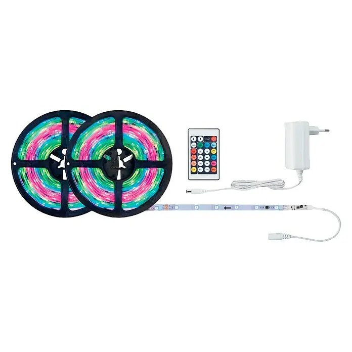 Paulmann Tira LED Set básico SimpLED Motion - Largo: 10 m, Color de luz: RGB, 17 W, 650 lm, 12 V - Imagen de una tira de luz LED con dos carretes, un control remoto y un adaptador de corriente.
