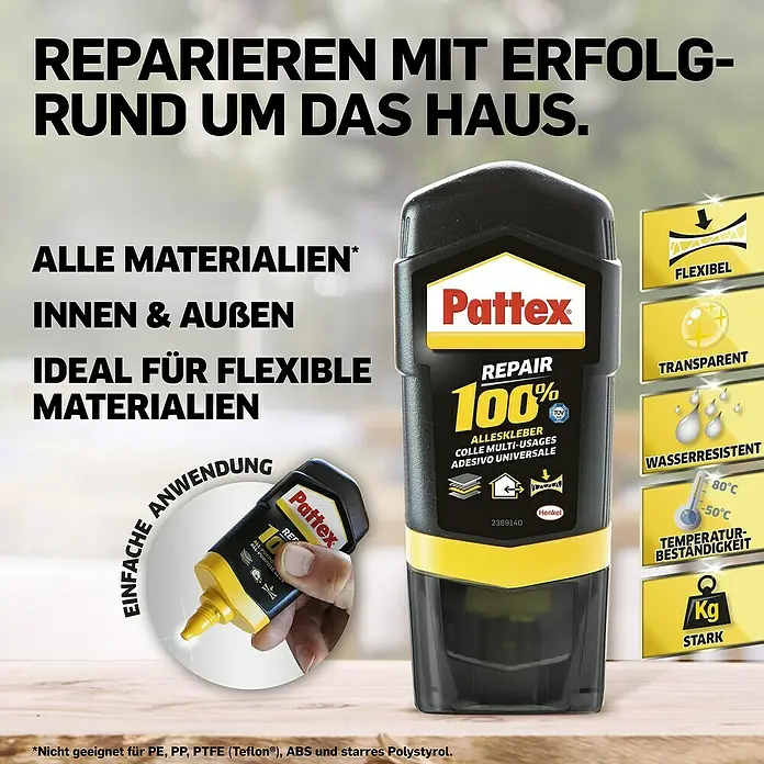 Pattex 100% Repair Alleskleber - 50 g, Flüssig, Lösemittelfrei - Pattex Repair 100% Alleskleber: Flexibel, transparent und wasserfest, ideal für Reparaturen im Innen- und Außenbereich.