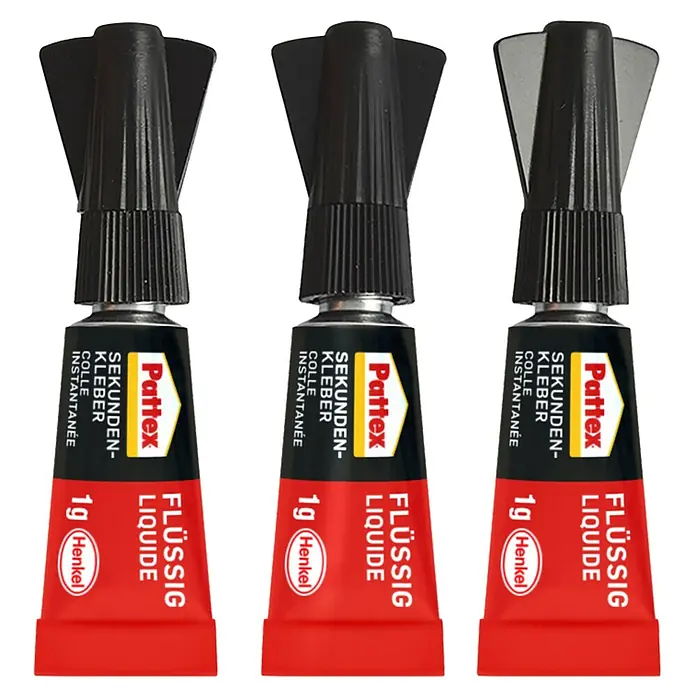 Pattex Sekundenkleber Flüssig Mini Trio - 1 g, Flüssig, Tube - Drei Tuben Pattex Sekundenkleber Flüssig, jede mit 1g Inhalt, ideal für schnelle und zuverlässige Klebungen im Haushalt.