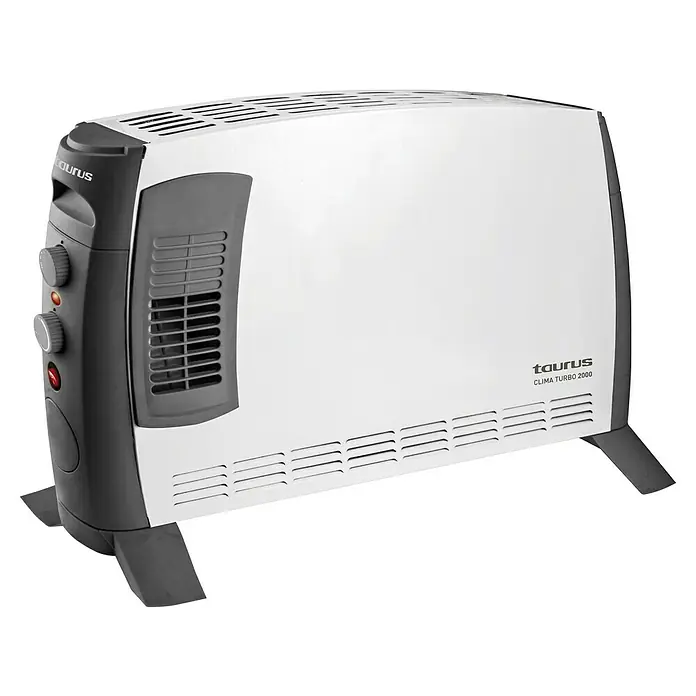 Taurus Convector Turbo - 2.000 W, Habitaciones de hasta 20 m², Blanco/Negro - Imagen de un radiador de aceite Taurus Clima Turbo 2000 en blanco y gris, mostrando controles y aletas de calefacción.