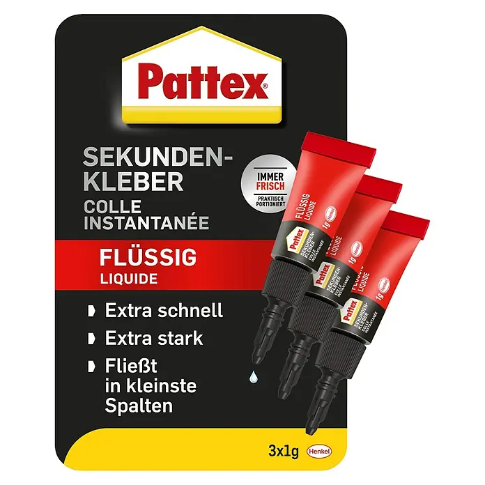 Pattex Sekundenkleber Flüssig Mini Trio - 1 g, Flüssig, Tube - Pattex Sekundenkleber Flüssig: 3 Tuben für extra schnellen, starken Halt, ideal für kleinste Spalten. Praktisch portioniert.