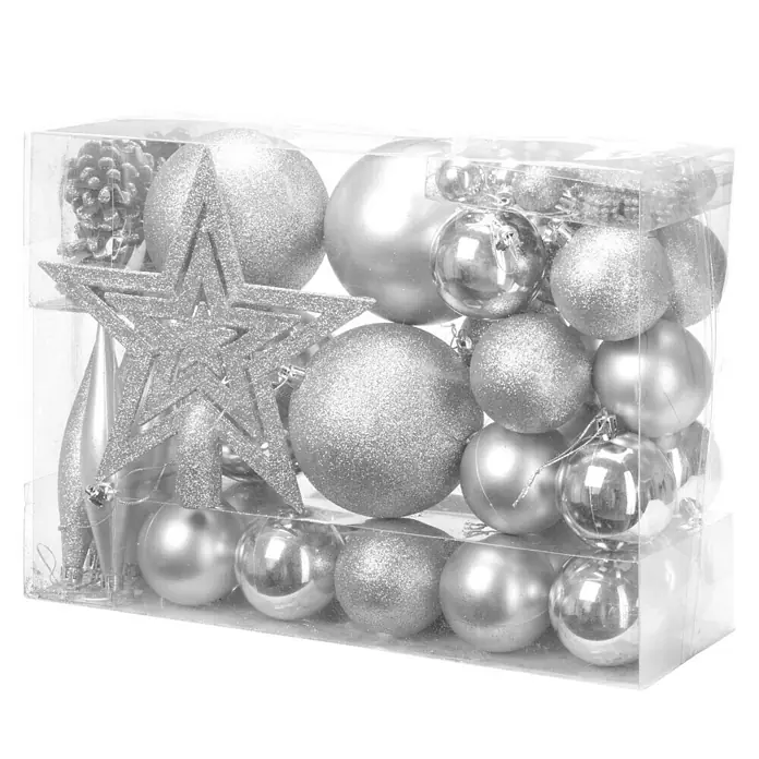 Christbaumkugel-Set - Silber, Kunststoff, 54 Stk. - Nahaufnahme einer transparenten Box gefüllt mit silbernen Weihnachtskugeln und einem Stern, ideal für festliche Dekorationen.