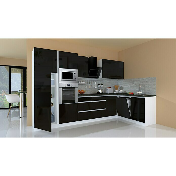 Respekta Premium Cocina esquinera (345 x 172 cm, Con dispositivos eléctricos, Negro de alto brillo)