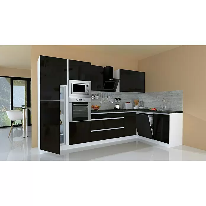 Respekta Premium Cocina esquinera Lorena - Ancho: 345 cm, Negro, Brillo intenso, Efecto piedra, Con electrodomésticos - Cocina moderna en L con gabinetes negros brillantes, detalles blancos y electrodomésticos de acero inoxidable (microondas, horno, lavavajillas) en un hogar.