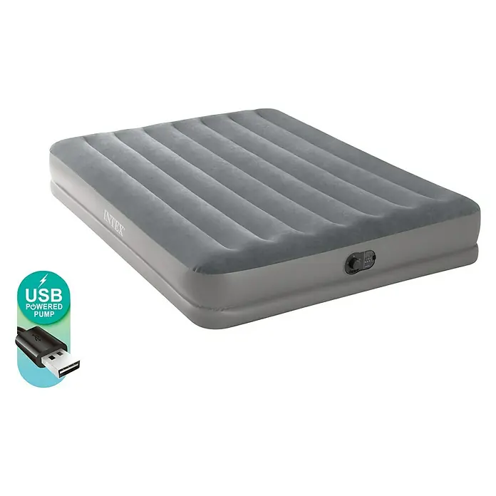 Intex Luftbett - L x B x H: 203 x 152 x 30 cm, Integrierte Luftpumpe - Eine graue Intex Luftmatratze mit USB-betriebener Pumpe für einfaches Aufpumpen und maximalen Komfort beim Campen oder für Gäste.