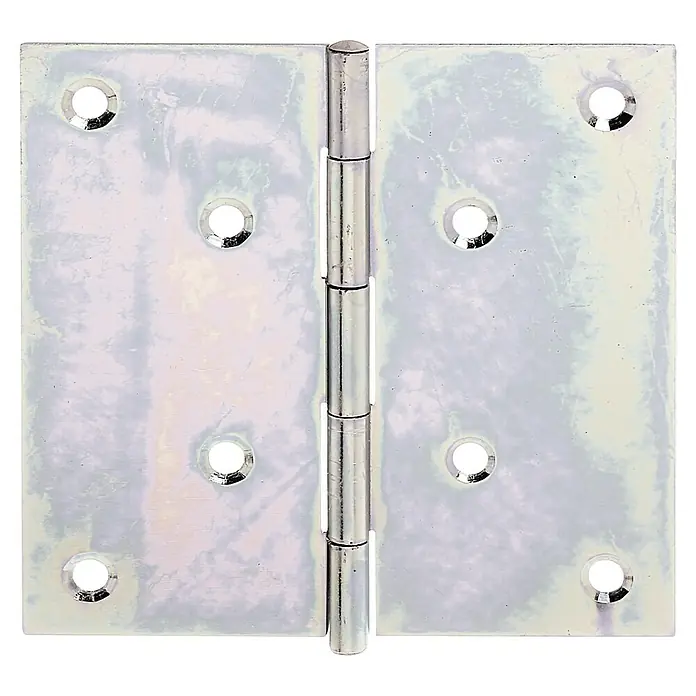 Stabilit Scharnier100 x 100 mm, Verzinkt, Silber - Nahaufnahme eines silbernen Türscharniers, das die Details der Hardware und ihre Konstruktion zeigt.