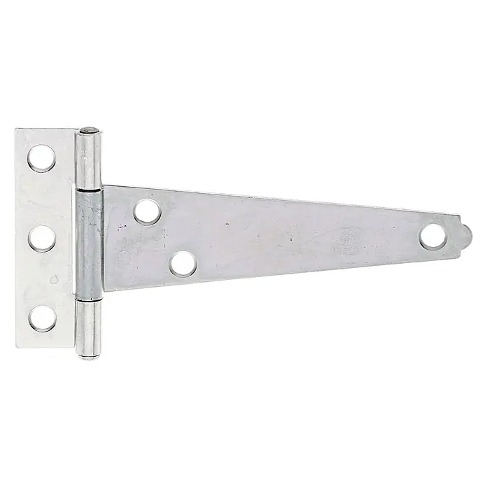 Stabilit T-Kistenband - L x B: 29 x 120 mm, Stärke: 1,5 mm, Verzinkt - Eine silberne T-förmige Scharnier für Türen oder Tore, mit Befestigungslöchern und einem Bolzen zum Drehen.