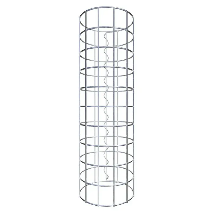 Gabiona Gabionensäule - Durchmesser: 22 cm, Höhe: 50 cm, Stahl, Maschenbreite: 50 mm, Maschenhöhe: 50 mm - Produktabbildung: Eine elegante, silberne Rankhilfe mit einem spiralförmigen Design im Inneren, ideal für Kletterpflanzen und zur Dekoration Ihres Gartens.